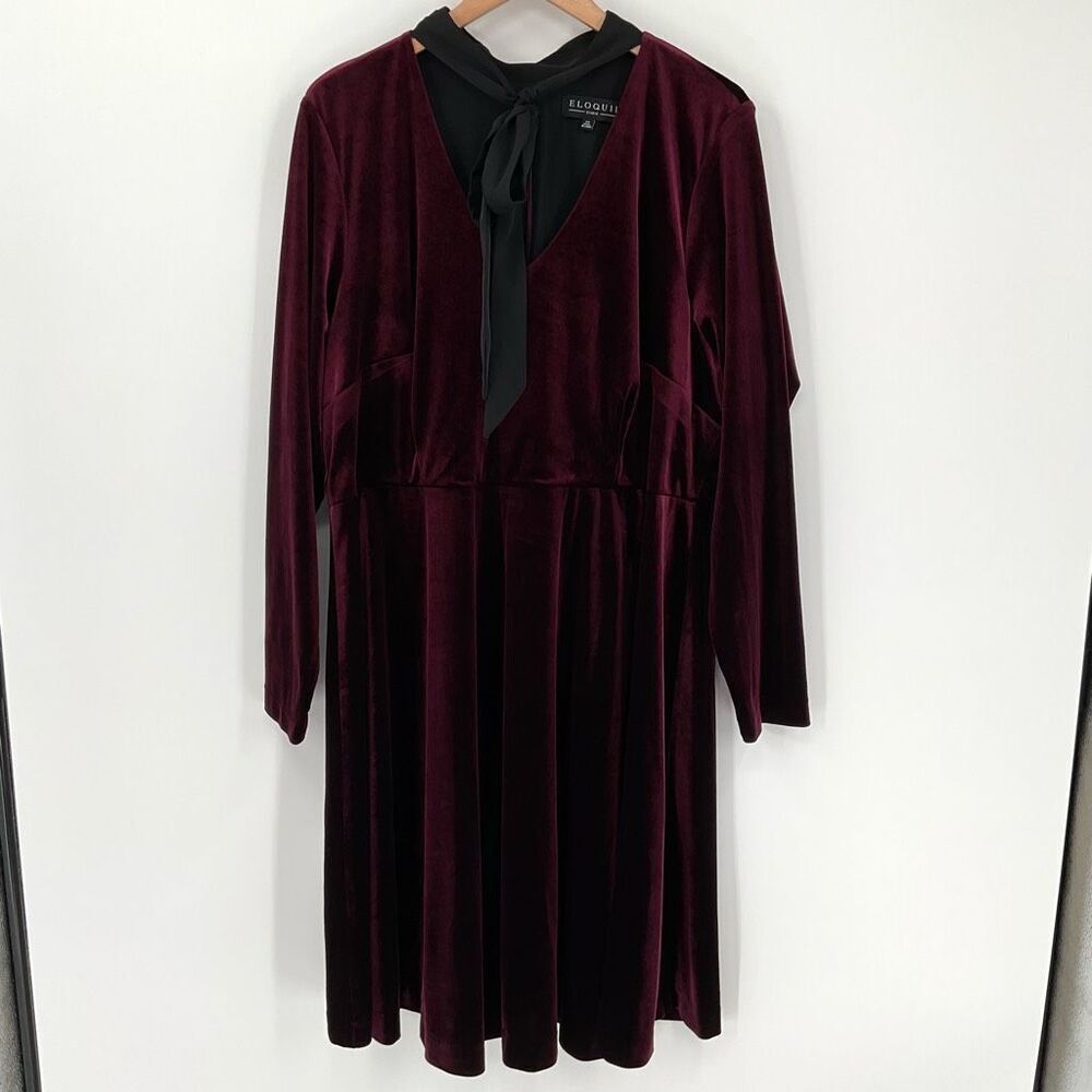 Eloquii Studio Velvet Fit & Flare Dress Long Sleeve Knee Length Maroon Women 24
